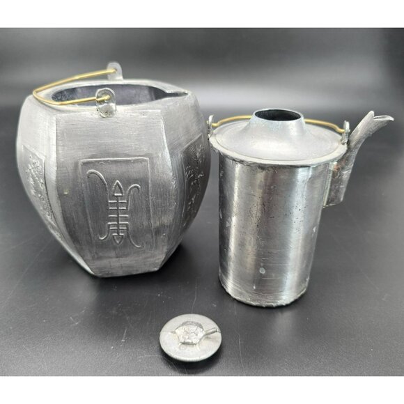 Chinese Silver Pewter Teapot With Turtle Lid & Decorative Embossed Panels JE407 - Picture 6 of 12